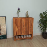 ONIJA Shoe Rack 3 Shelf Solid sheesham Wood Shoe Rack Cabinet (Honey Finish)